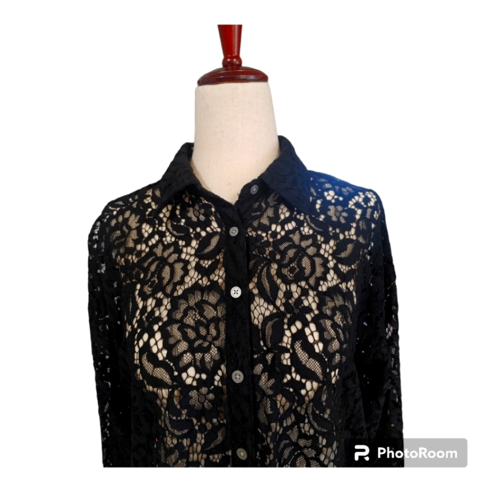 Loft Button Down Collared Top Black Lace Size Xs … - image 5